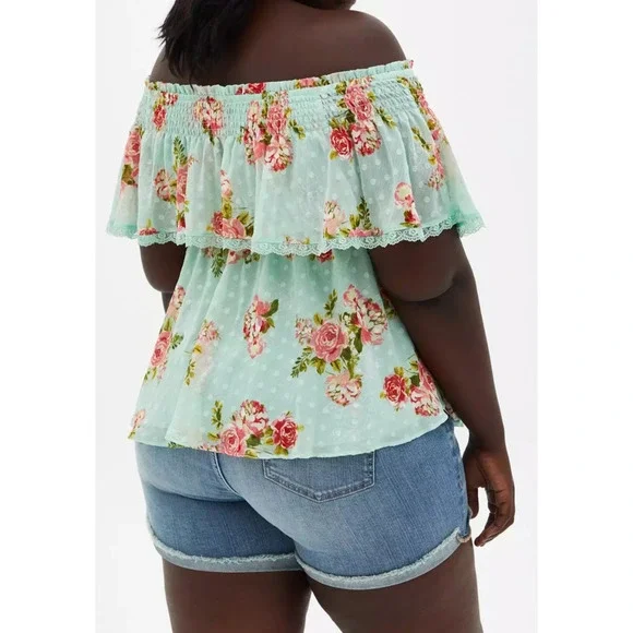 Torrid Off Shoulder Sheer Lace Swiss Dot Top Plus Size 2 2X Green Pink Boho Chic - Picture 7 of 10